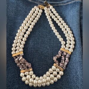 Vintage Multi-Strand Pearl Necklace w/ Purple Stone Gold Tone Clasp